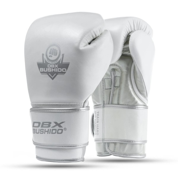 Боксерські рукавички DBX BUSHIDO PLATINUM Legacy Series зі натуральної шкіри, 4-шарове наповнення, біло-сріблясті