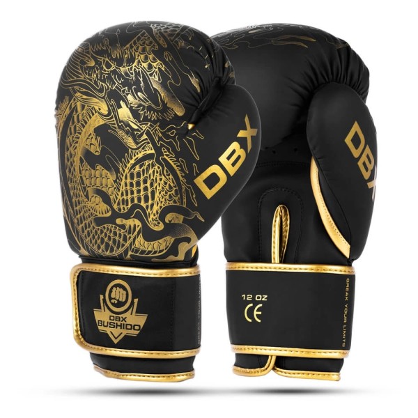 Боксерські рукавички DBX BUSHIDO Gold Dragon Valor Series 16oz чорні із золотим візерунком дракона