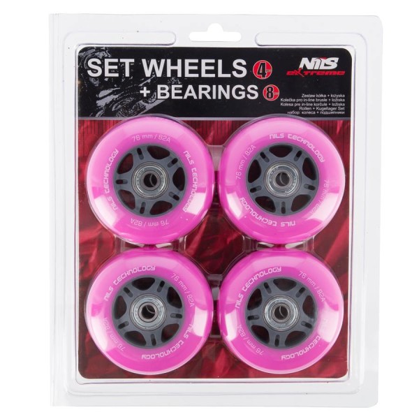 Колеса з підшипниками Nils Extreme PU 76x24 82A 4шт рожевий + ABEC-7 8шт
