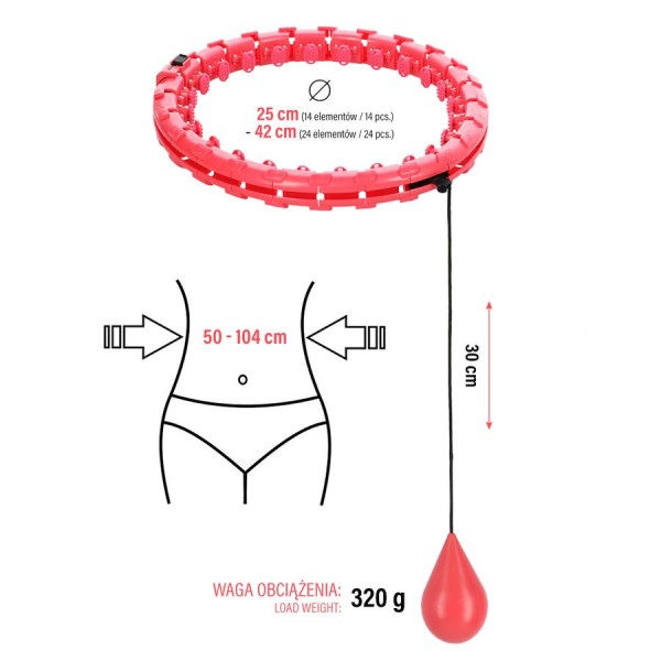 Хула-хуп з обважнювачем One Fitness OHA01 50-104 см, червоний + пояс для схуднення