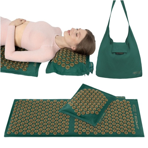 Масажний акупунктурний килимок та подушка Fizio ECO XL, зелено-золотий