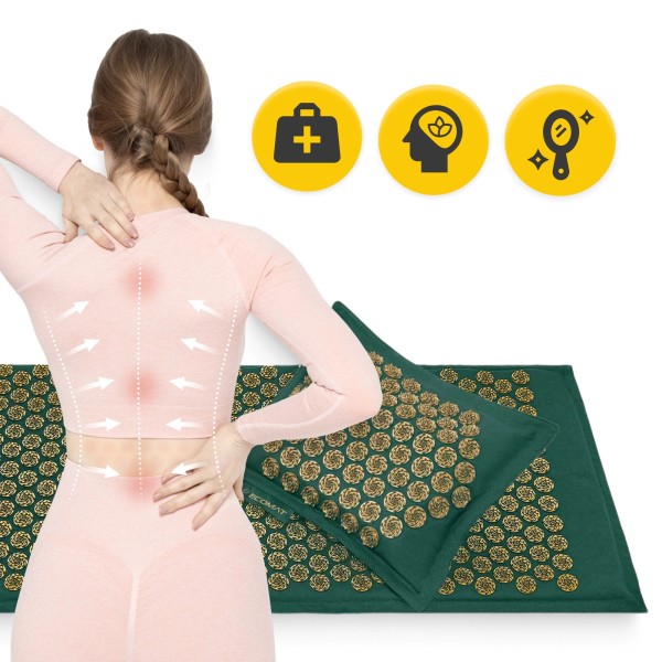 Масажний акупунктурний килимок та подушка Fizio ECO XL, зелено-золотий