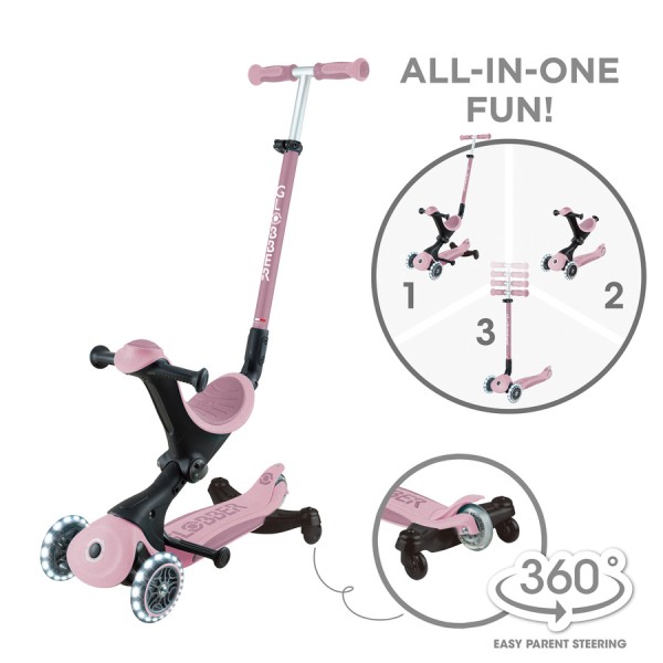 Дитячий самокат 3в1 з сидінням Globber Go Up Deluxe Lights Ecologic 360, пастельно-рожевий (697-510)