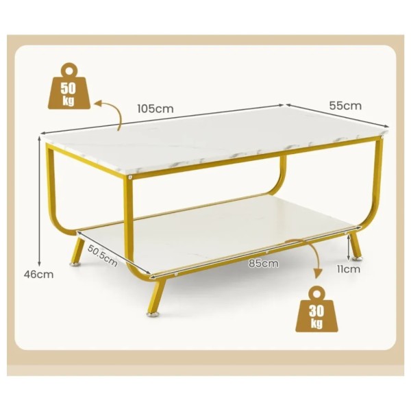 Журнальний стіл Costway Marble двоярусний білий