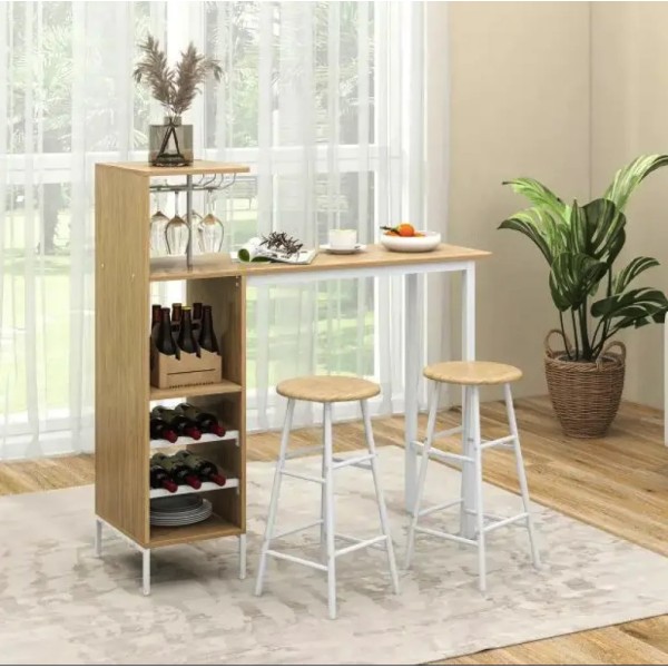 Барний стіл з стільцями Costway Bistro з тримачем винних келихів натуральний