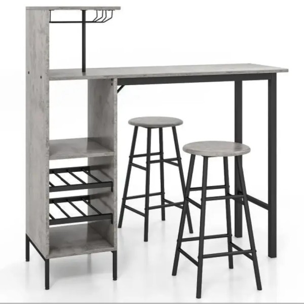 Барний стіл з стільцями Costway Bistro з тримачем винних келихів сірий
