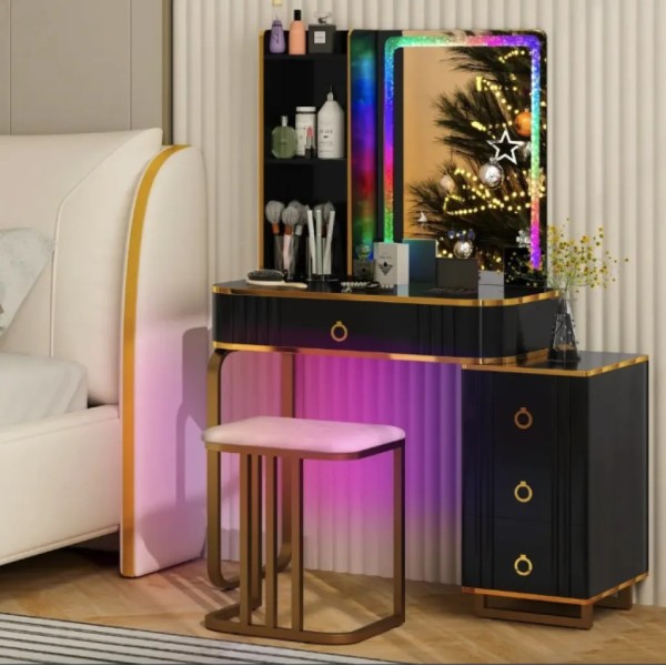 Туалетний столик Costway Vicci з пуфом + дзеркало LED чорний