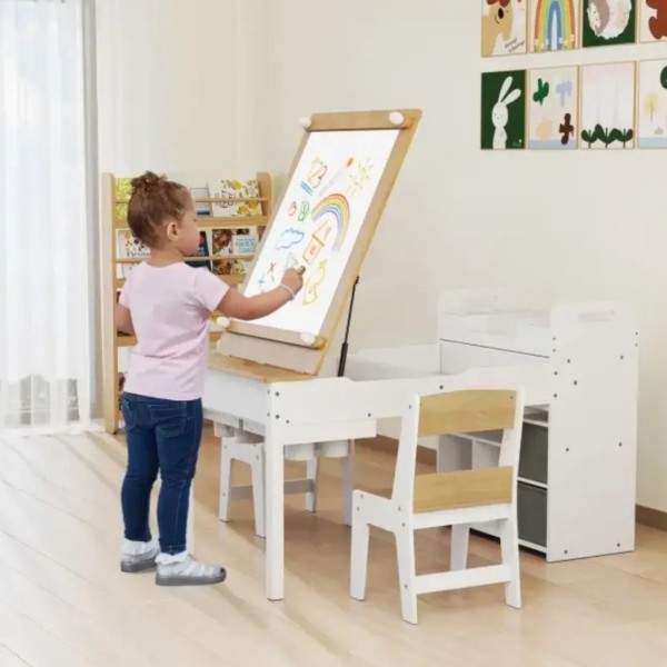 Дитячий набір Costway Fantastik 3 в 1: стіл, 2 стільці, мольберт натуральний
