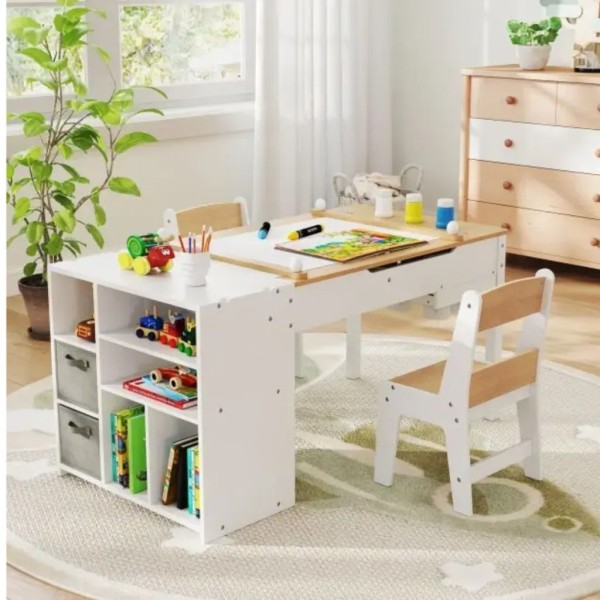 Дитячий набір Costway Fantastik 3 в 1: стіл, 2 стільці, мольберт натуральний
