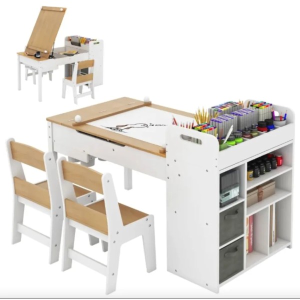 Дитячий набір Costway Fantastik 3 в 1: стіл, 2 стільці, мольберт натуральний
