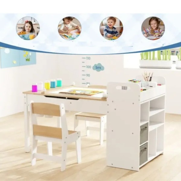 Дитячий набір Costway Fantastik 3 в 1: стіл, 2 стільці, мольберт натуральний