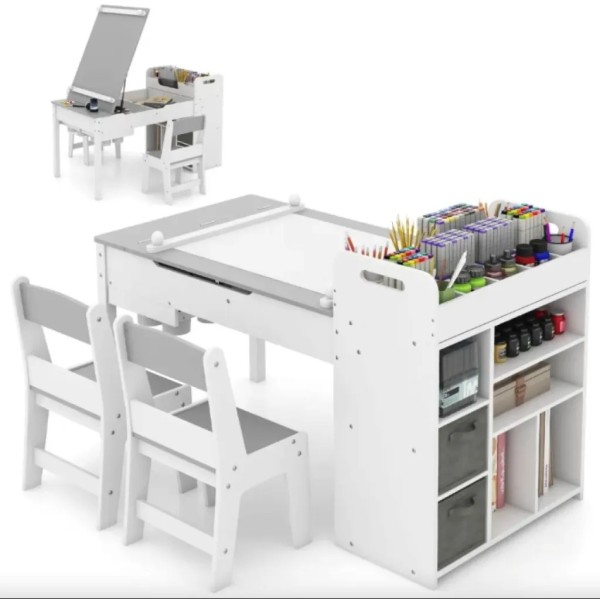 Дитячий набір Costway Fantastik 3 в 1: стіл, 2 стільці, мольберт білий