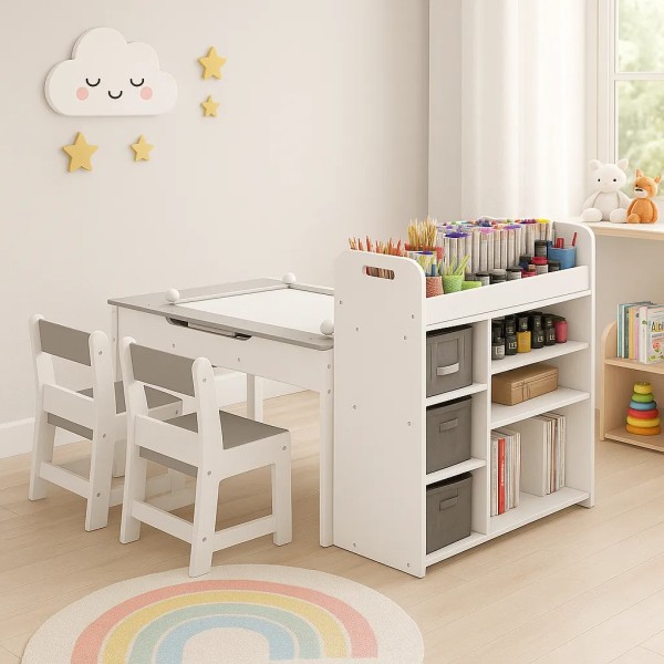 Дитячий набір Costway Fantastik 3 в 1: стіл, 2 стільці, мольберт білий
