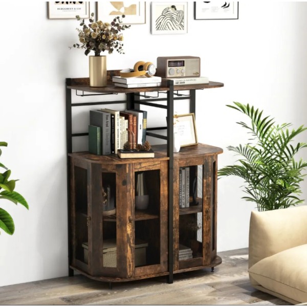 Стелаж Costway Marvo барний з тримачем келихів в стилі Loft коричневий