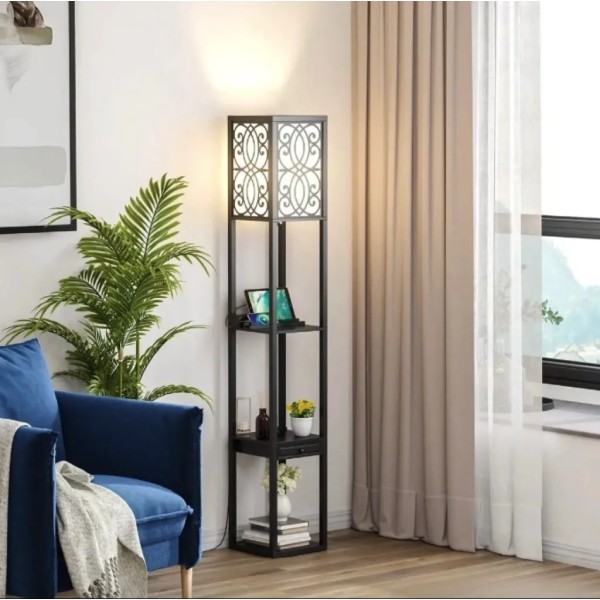 Підлогова лампа Costway Leon торшер з розеткою та USB чорна