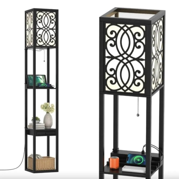 Підлогова лампа Costway Leon торшер з розеткою та USB чорна