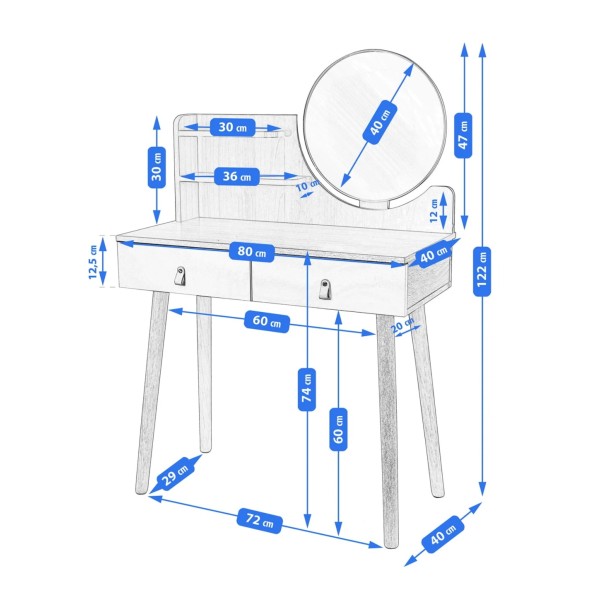 Туалетний столик Jumi Scandi з шухлядами, шкіряні ручки, світлий бук