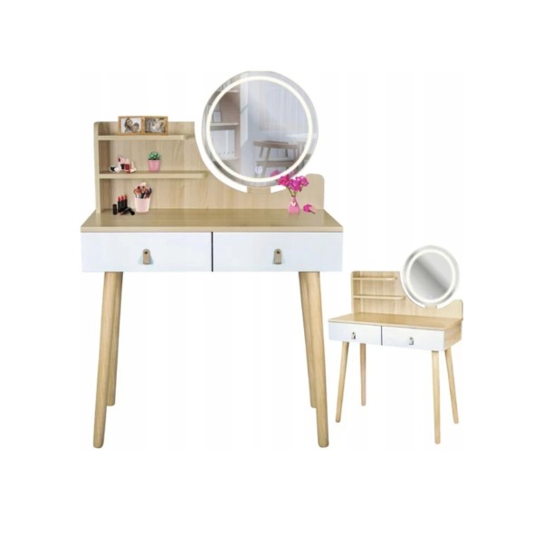 Туалетний столик Jumi Scandi LED підсвітка, з шухлядами, шкіряні ручки, світлий бук