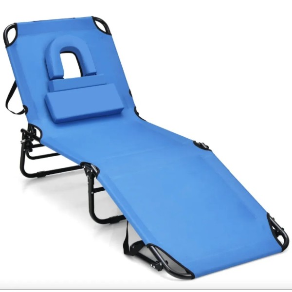 Шезлонг Costway Hanna розкладний з отвором для обличчя блакитний