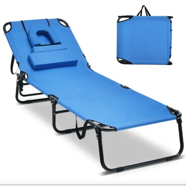 Шезлонг Costway Hanna розкладний з отвором для обличчя блакитний