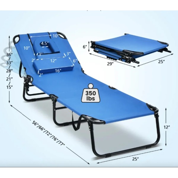 Шезлонг Costway Hanna розкладний з отвором для обличчя блакитний