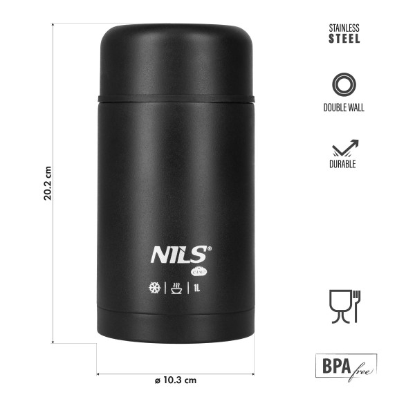 Термос для їжі Nils NC3802, 1000 мл, нержавіюча сталь, чорний