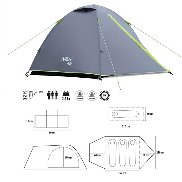 Кемпінговий намет на 3 особи Nils Camp NC6004 Explorer, сірий