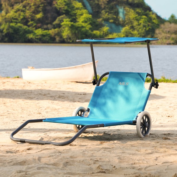 Кемпінговий шезлонг складаний Nils Camp NC3307 з тентом та колесами, блакитний