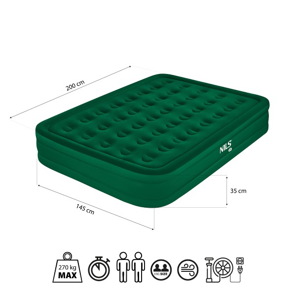 Надувний матрац двоспальний NILS CAMP NC2808, з насосом, зелений