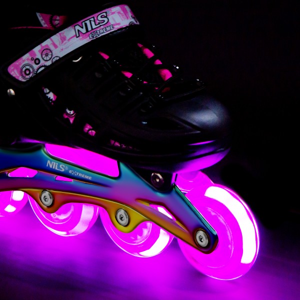 Роликові ковзани Nils NH10905, 4-в-1 LED з хокейним лезом, S (31–34), рожеві