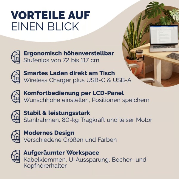 Стіл з регулюванням висоти Casaria 160×75см, електричний, бежевий