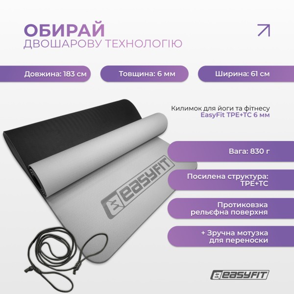 Килимок для йоги та фітнесу EasyFit TPE+TC 6мм двошаровий сірий-чорний