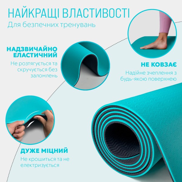 Килимок для йоги та фітнесу EasyFit TPE+TC 6 мм двошаровий + Чохол м'ятний-чорний