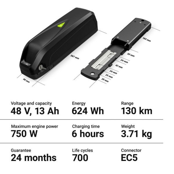 Акумулятор для електровелосипедів Green Cell 48В 13А/год, 624Вт/год, Down Tube з зарядкою