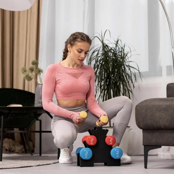 Набір круглих фітнес гантелей HS-V120DRS з підставкою 12кг різнокольорові