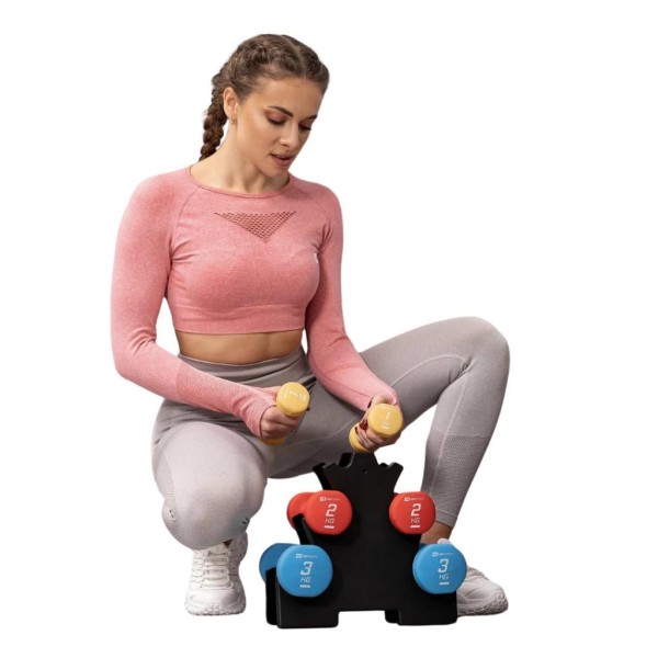 Набір круглих фітнес гантелей HS-V120DRS з підставкою 12кг різнокольорові