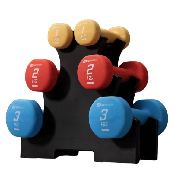 Набір круглих фітнес гантелей HS-V120DRS з підставкою 12кг різнокольорові