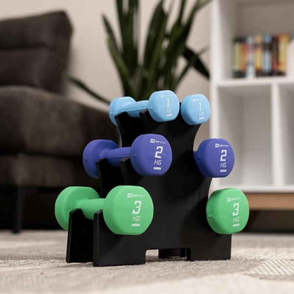 Набір круглих фітнес гантелей HS-V121DRS з підставкою 12кг різнокольорові