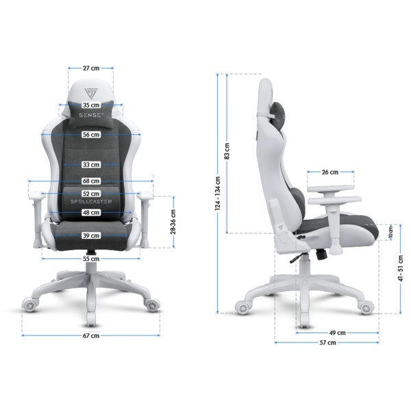 Ігрове крісло SENSE7 Spellcaster Fuku, екошкіра та алькантара, біло-сіре