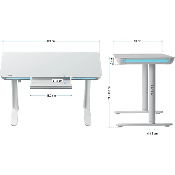 Стіл з регулюванням висоти SENSE7 Nomo 120×60 см, LED, електричний, білий