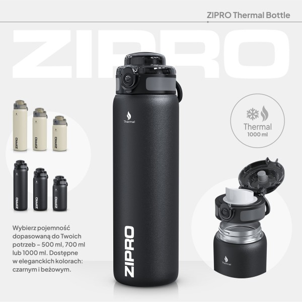 Термопляшка Zipro, нержавіюча сталь, 1000 мл, чорна
