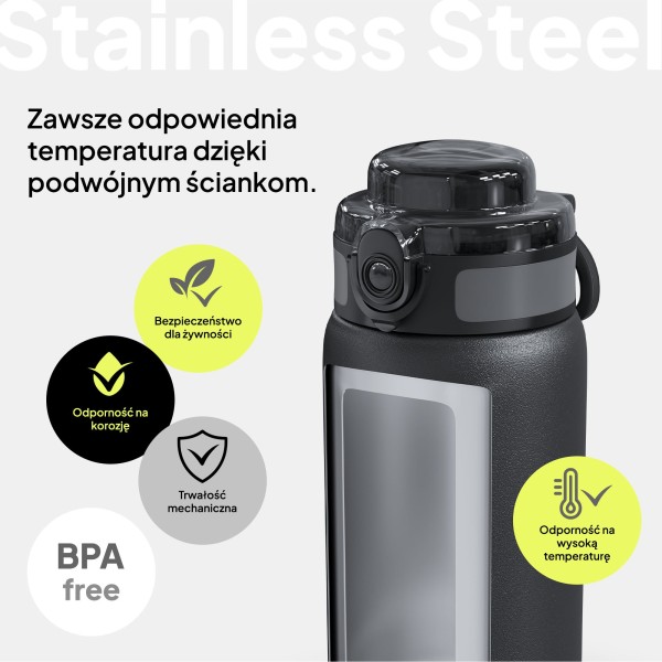 Термопляшка Zipro, нержавіюча сталь, 1000 мл, чорна