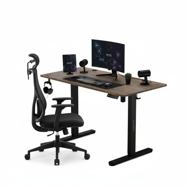 Стіл з регулюванням висоти Sense7 Nojo 140×70 см, електричний, коричневий + крісло Moyo, чорне