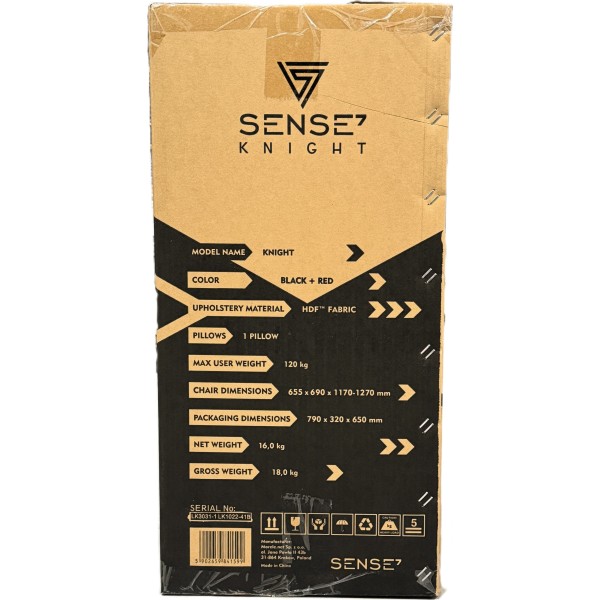 Ігрове крісло SENSE7 Knight, тканина, чорно-червоне