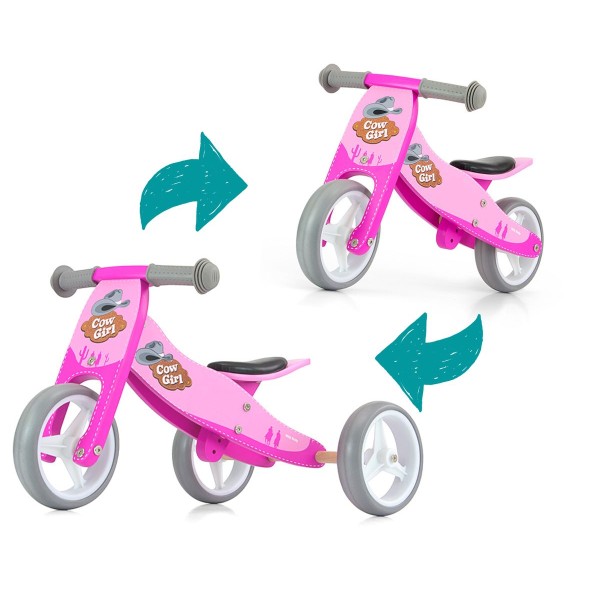 Дерев'яний триколісний біговел 2в1 Milly Mally Jake, Pink Cowgirl