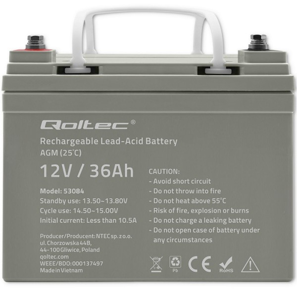Акумулятор необслуговуваний LongLife AGM Qoltec 12V 36А/год