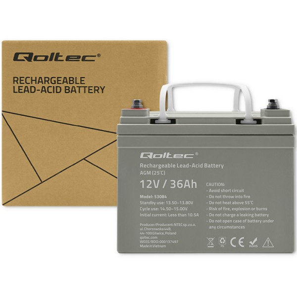 Акумулятор необслуговуваний LongLife AGM Qoltec 12V 36А/год