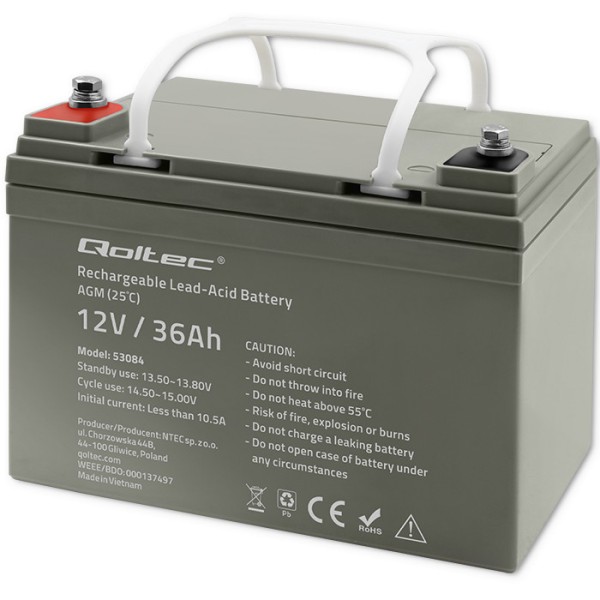 Акумулятор необслуговуваний LongLife AGM Qoltec 12V 36А/год