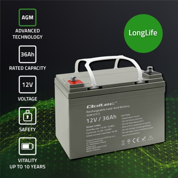 Акумулятор необслуговуваний LongLife AGM Qoltec 12V 36А/год