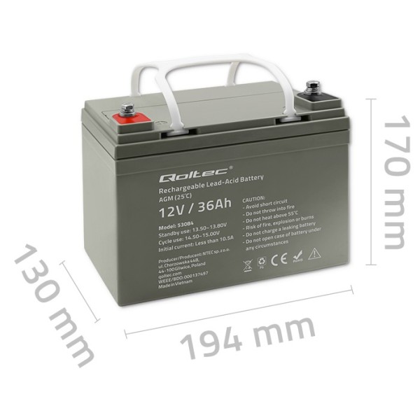 Акумулятор необслуговуваний LongLife AGM Qoltec 12V 36А/год